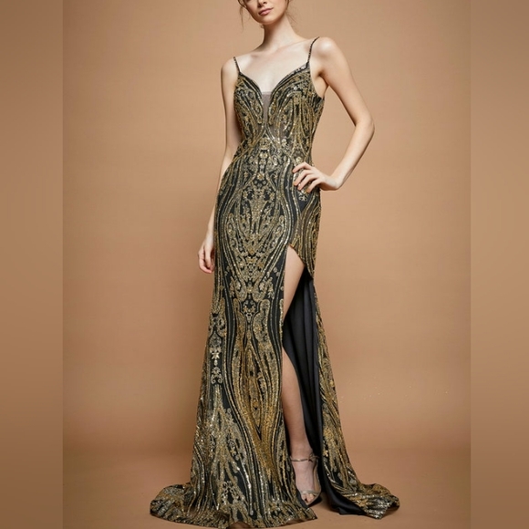 2829 Black-Gold Striped Open Back Dress main image 0